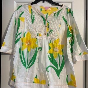 Lilly Pulitzer White Blouse with Yellow and Green Floral Print